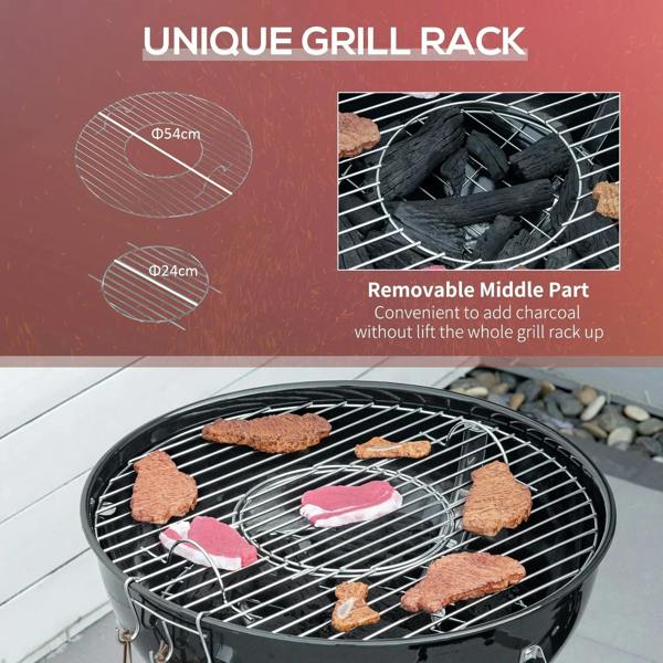 Kettle charcoal grill cooking grate with patties over hot coals.
