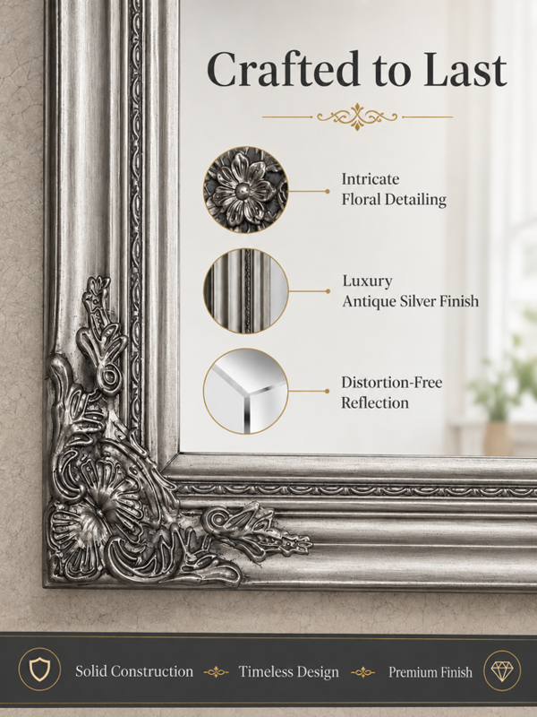 Downton Interiors Antique Silver Extra Large Wood Frame Wall Mirror 106cm x 75cm