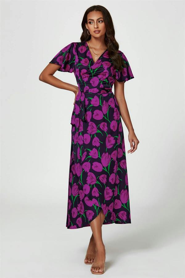 FS Collection Floral Print Satin Wrap Maxi Dress In Magenta