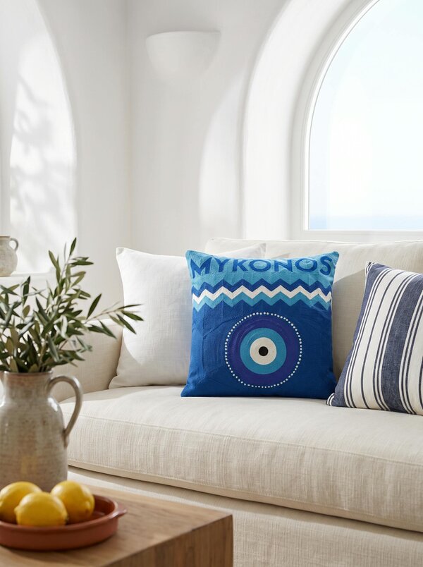 Mykonos Needlepoint Cushion – Handmade Evil Eye Pillow