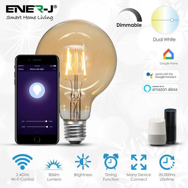 Ener-J Smart WiFi E27 LED Filament Bulb, 806lm 8.5W Dimmable CCT Golden G95 Globe, Works with Alexa & Google Assistant | Pack of 3