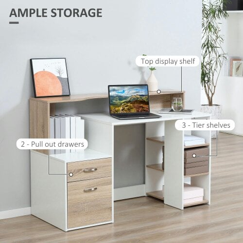 Wyld Haus Niledi 137cm Wooden Oak Large Office Desk With Shelves Drawers And Printer Stand