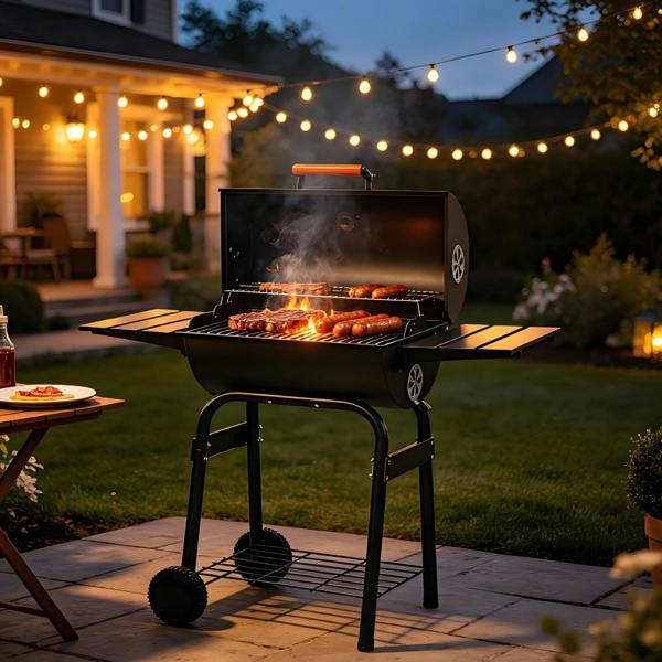 Gr8 Garden Large Charcoal Barrel BBQ Grill Smoker with Thermometer Side Table and Wheels