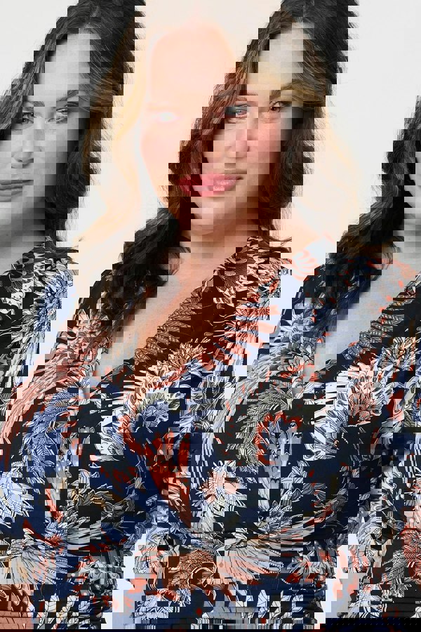 Navy | Tropical Print 1/2 Sleeve Midi Wrap Dress