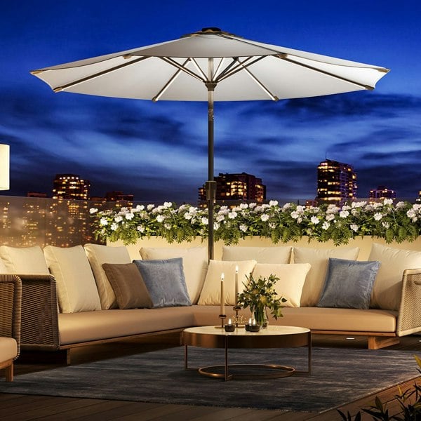 Light Grey 3M Lighted Market Sunbrella Umbrella with Solar Strip LED Lights Parasols & Rain Umbrellas Living and Home