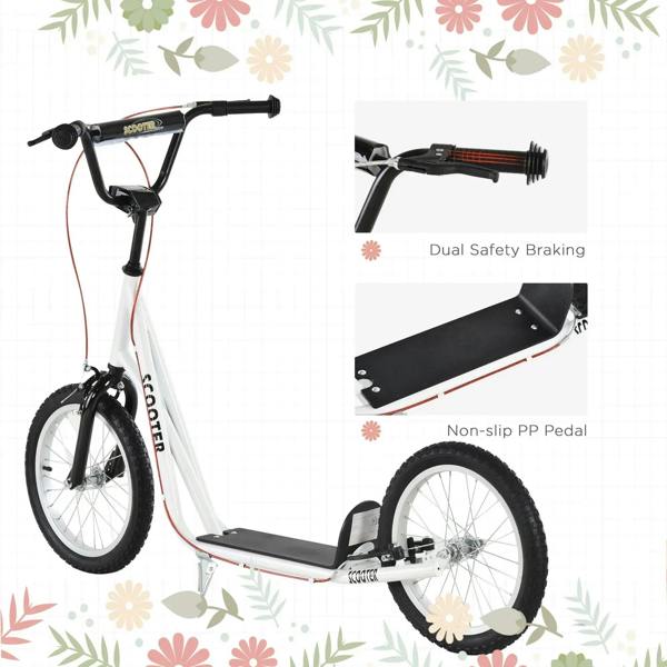 White kids kick scooter with dual safety braking and non-slip black pedal