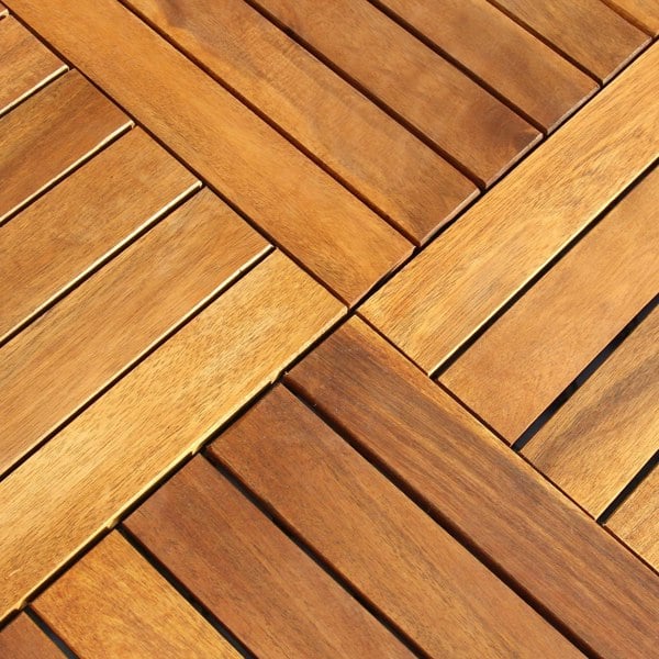 Natural wooden decking tiles featuring rich brown tones and smooth, polished surfaces, ideal for outdoor patios and gardens