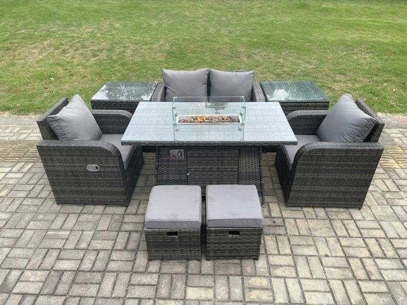Fimous Rattan Garden Furniture Set Outdoor Patio Gas Fire Pit Dining Table and Chairs with Love seat Sofa Footstool 2 Side Tables