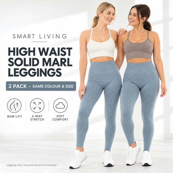 Smart Living Ladies Solid Marl with Bum Lift Leggings - Blue Marl - Pair of 2