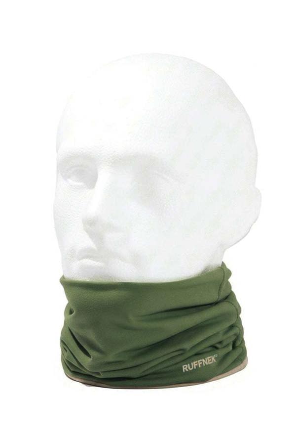 Country Green and Stone Supersoft RUFFNEK Neckwarmer. Reversible stretchy Snood shown on a male mannequin head as a neck gaiter snood.