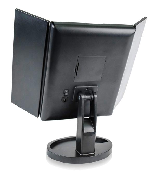 rear view of 24 LED touch dimmable 3 way make up mirror with 2x and 3x magnification with battery pack cable port and on off switch visable