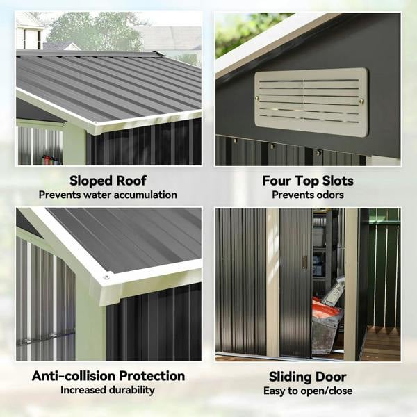 Feature collage for grey metal shed: sloped roof, four-slot design, sliding door
