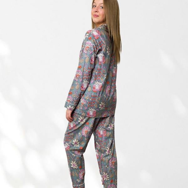 Hayley & Co Block Print Floral 100% Cotton Long Pyjama Set in Grey and Pink