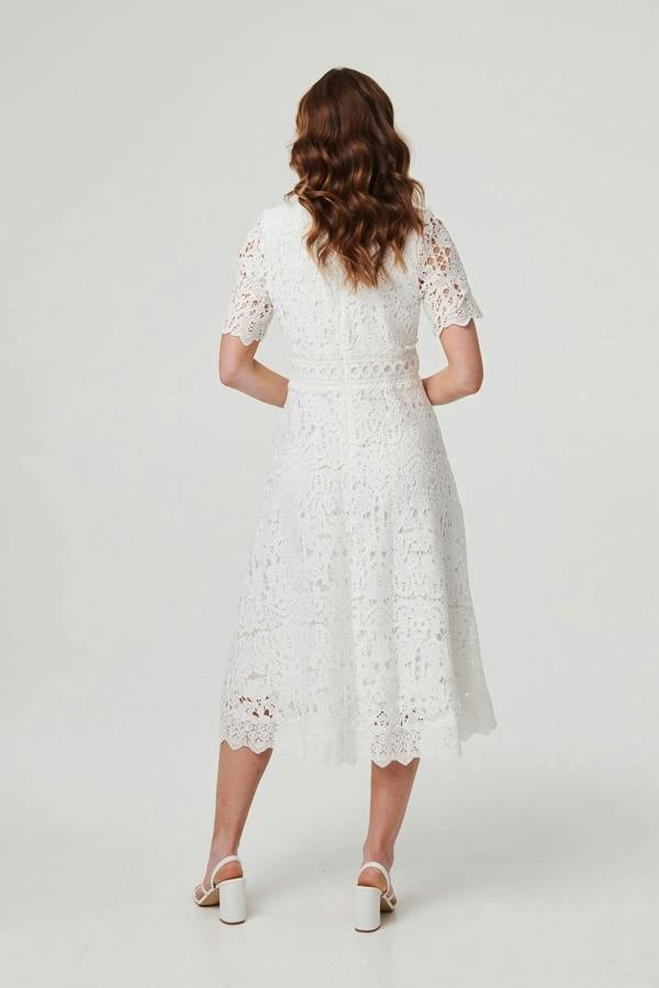 White | Lace Layer Short Sleeve Midi Dress