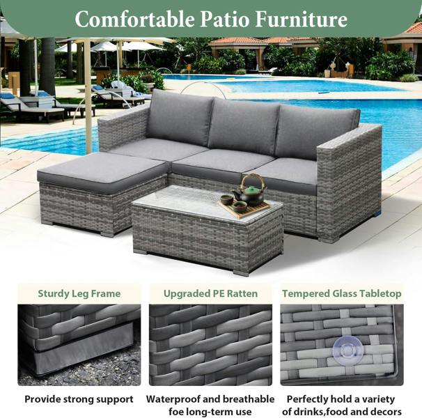 Leaper 3-Piece Rattan Garden Corner Sofa Set with Coffee Table & Washable Cushions