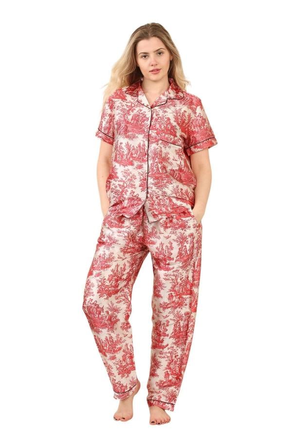 Luxury Satin Toile Print Pyjama Set – Short Sleeve, Button-Up & Pockets - Elaina Fashion