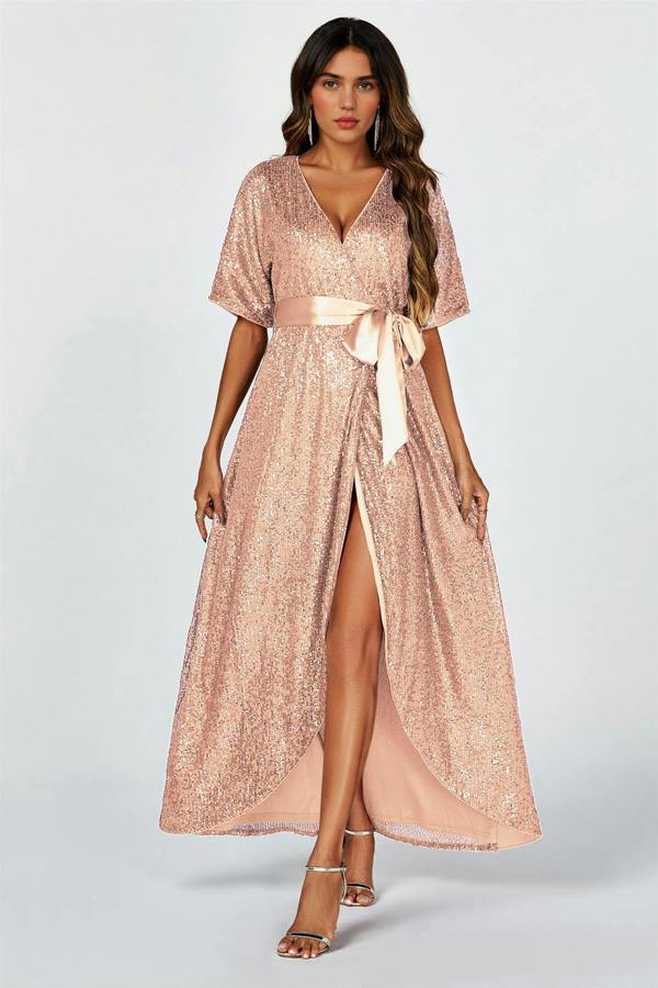 FS Collection Wrap Style Sequin Maxi Dress In Gold