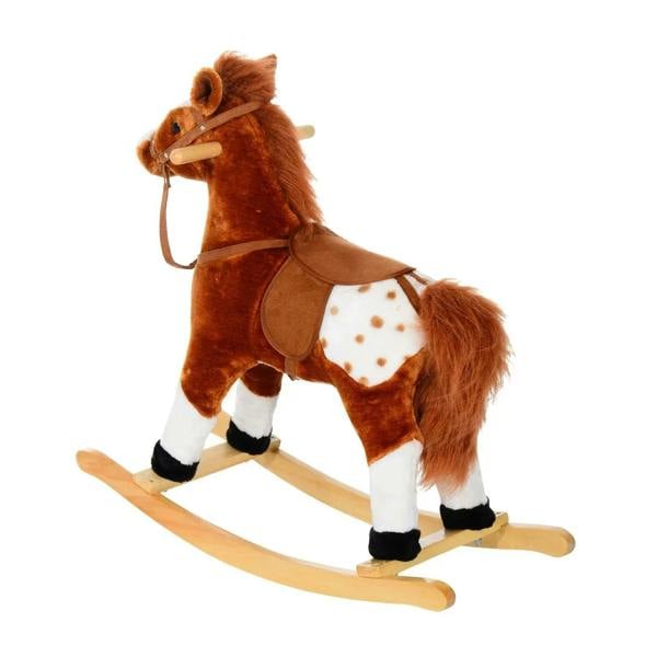Brown plush rocking horse with handle and padded saddle, wooden rocker base side view