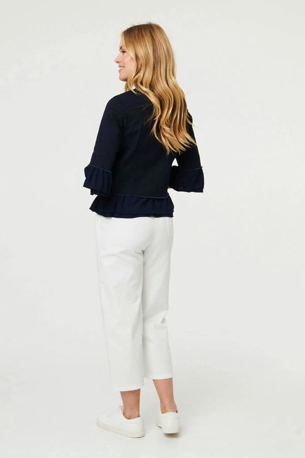 Navy | Frilled Hem 3/4 Flare Sleeve Shirt