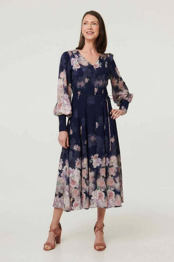 Navy | Floral Long Balloon Sleeve Midi Dress