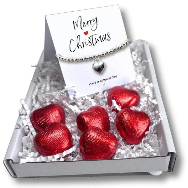 Aye Do Gifts Merry Christmas Gift Box, Silver Heart Bracelet & Chocolate Hearts