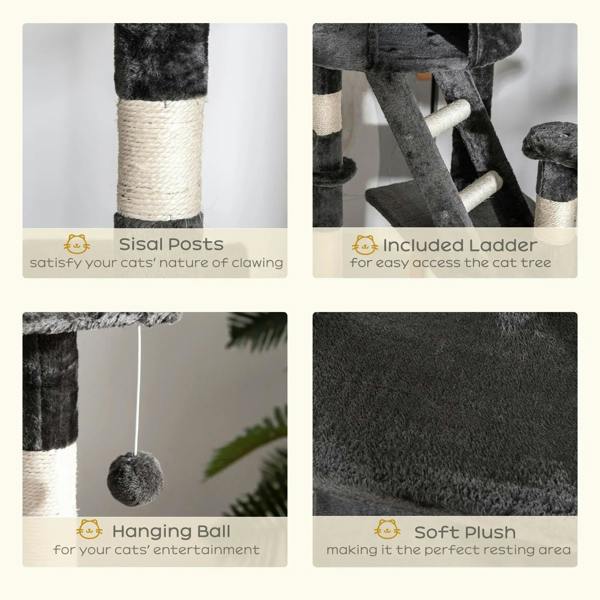Dark grey cat tree features: sisal posts, included ladder, hanging ball, soft plush