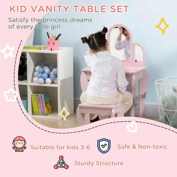 Pink kids vanity table set with arched mirror, storage compartment, and stool