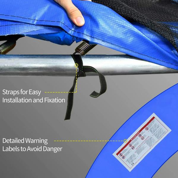 Blue trampoline pad with black fixing straps and safety warning label on edge