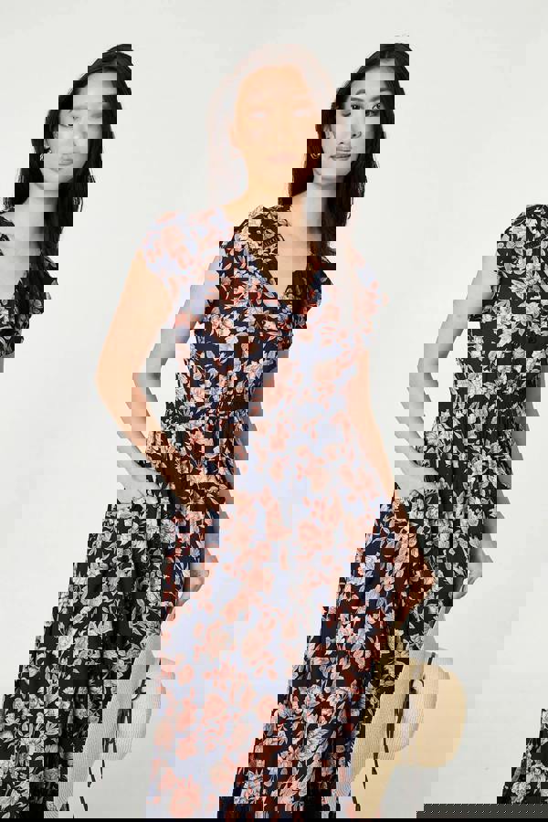 Navy | Lace Trim Tiered Cap Sleeve Maxi Dress