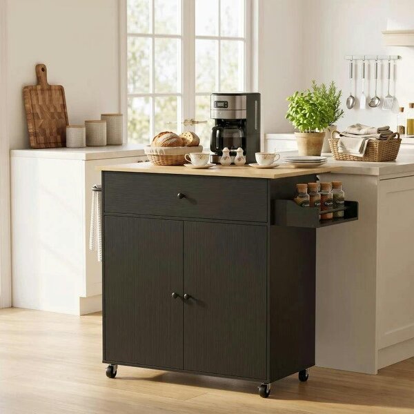 Kitchen Island with Drop Leaf, Rolling Kitchen Storage Trolley on Wheels with Drawer, Spice Rack and Towel Rack, Black