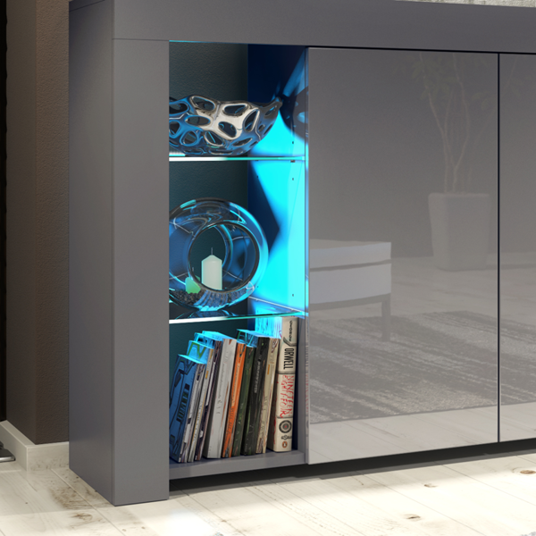 Mex Furniture Exclusive 164cm Cabinet Cupboard Sideboard TV Unit High Gloss Grey Doors & Free LED