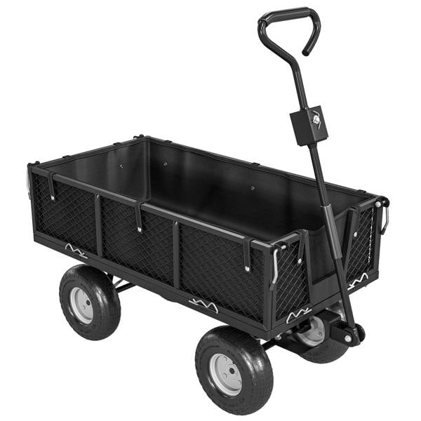 Black steel frame garden cart trolley with mesh sides, large wheels, front handle