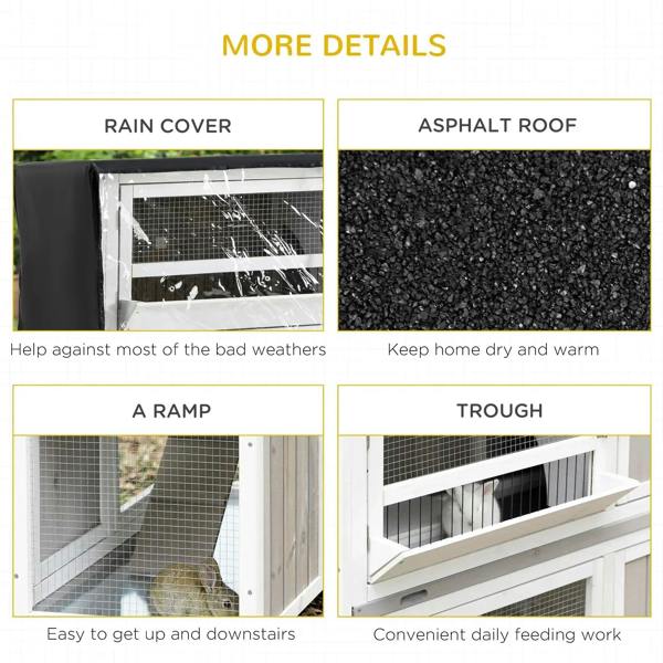 Two-tier wooden pet hutch with rain cover detail for sheltering top mesh areas