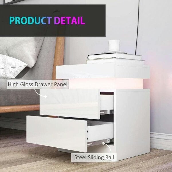 White Bedside Table with LED Light, High Gloss Front Nightstand with 2 Drawers, for Living Room, Bedroom, Set of 2