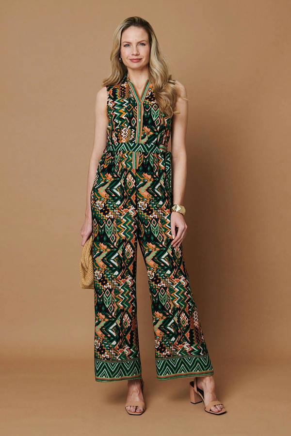 Green | Abstract Sleeveless Tie Waist Jumpsuit