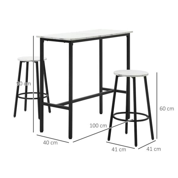 Three-piece bar table set with white tabletop and two round stools, black legs