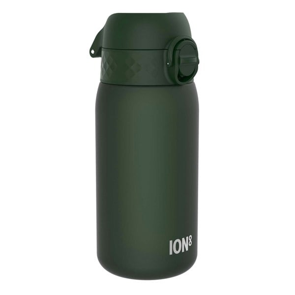 A dark-green ION8 water bottle sits upright against a white background. The bottle features a hinged lid with a rotating closure.