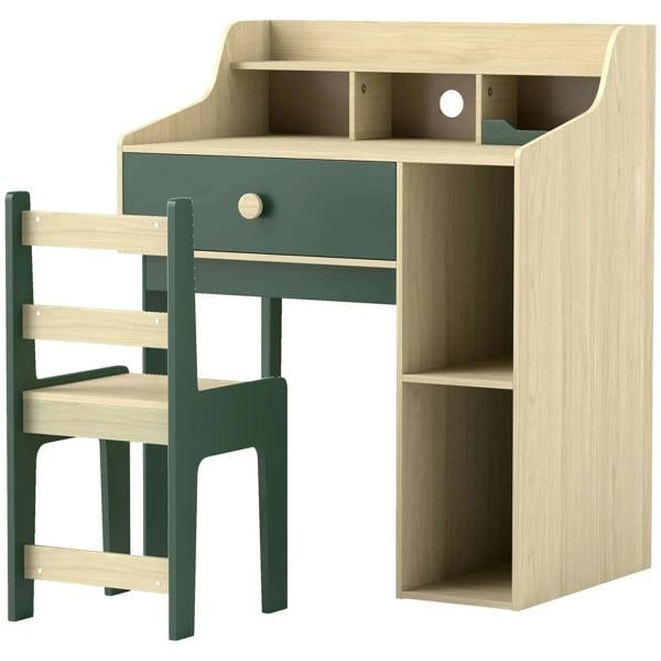 Kids desk and chair set with green cabinet shelves and storage drawer, light wood frame