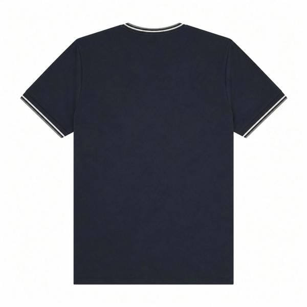 Dark airforce blue Fred Perry cotton t-shirt with ecru and seagrass twin-tipped crew neck and sleeve cuffs.