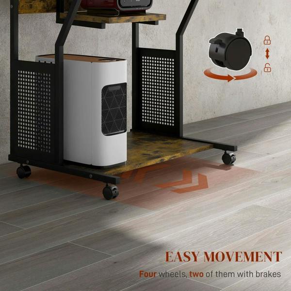 Multi-storage work desk with sliding keyboard tray, wheeled base with side mesh storage