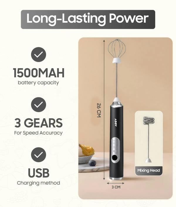ADOV Rechargeable Handheld Milk Frother, 3-Speed Electric Coffee Whisk with 2 Heads for Latte, Cappuccino and Matcha