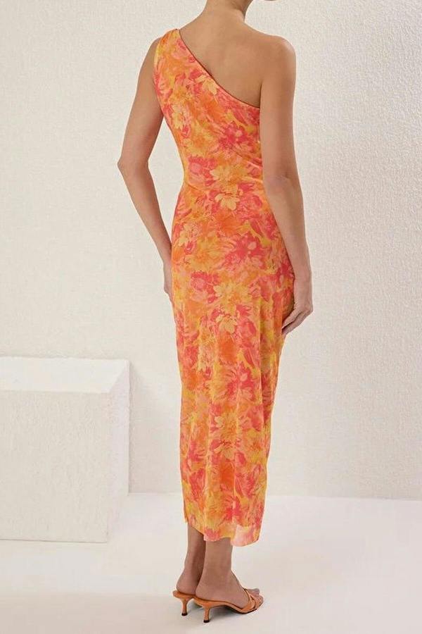 WOVCOR One-Sleeve Tulle Stretch Knit Midi Pencil Dress with Accessory Details