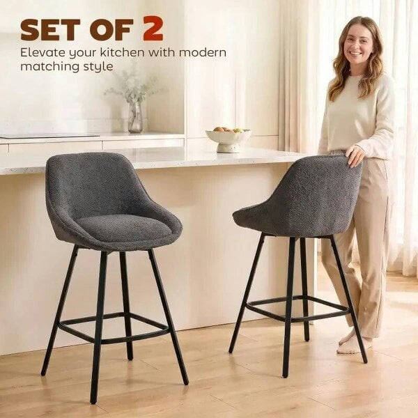 Bobobiy Bar Stools Set of 2, 64 cm Modern Linen-Touch Fabric 360° Swivel Counter Height Bar Chairs, Dark Grey