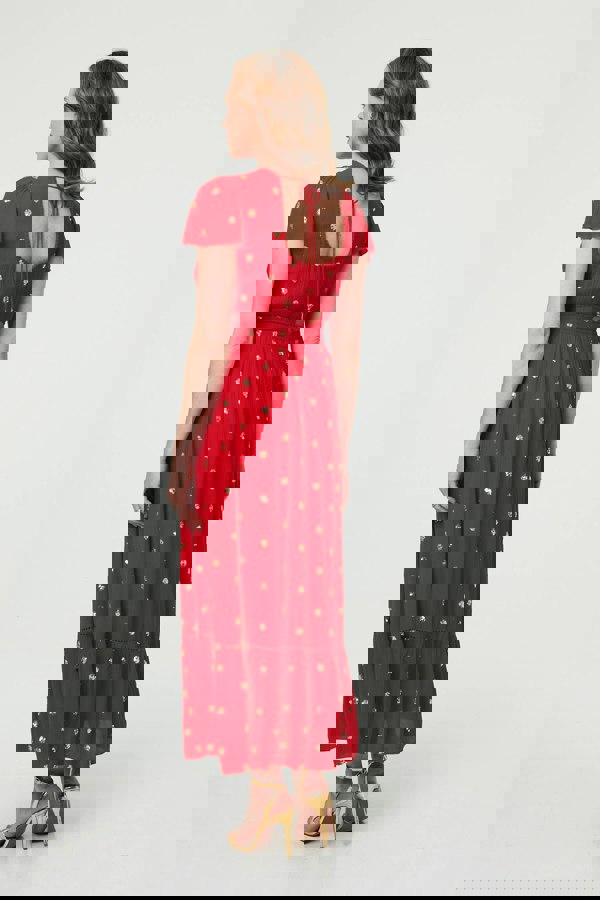 Red | Sparkly Cap Sleeve Tassel Tie Maxi Dress
