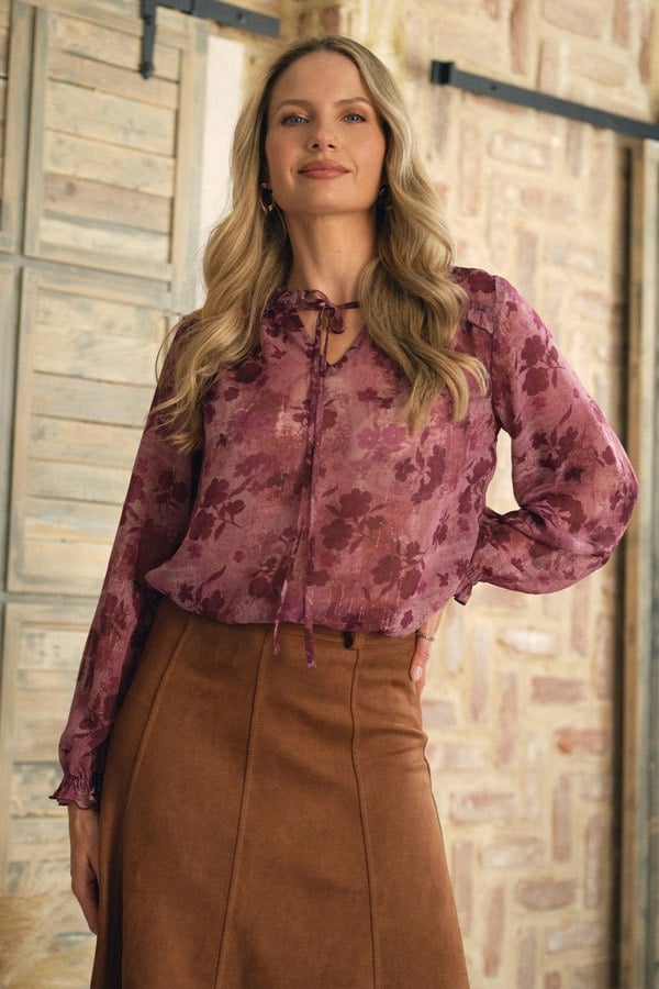 Purple | Floral Semi Sheer Tie Neck Blouse : Model is 5'10"/178 cm and wears UK10/EU38/US6/AUS10
