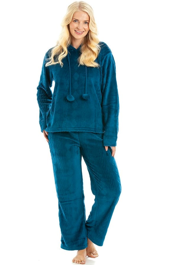 Camille Womens Jade Supersoft Fleece Hooded Pyjama Set