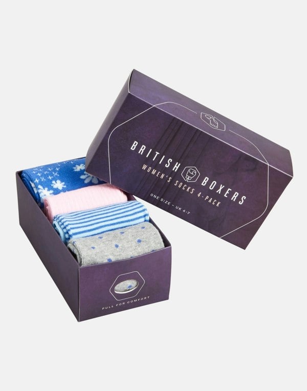 Women's Four-Pair Sock Gift Box – Sky Blues & Sunset Pinks - British Boxers