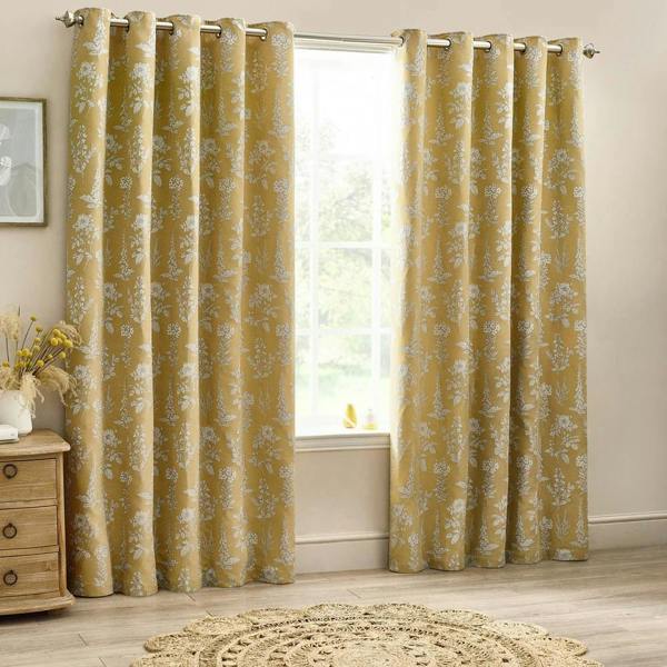 Wylder Nature Sophia Jacquard Floral Eyelet Curtains - Gold - 
