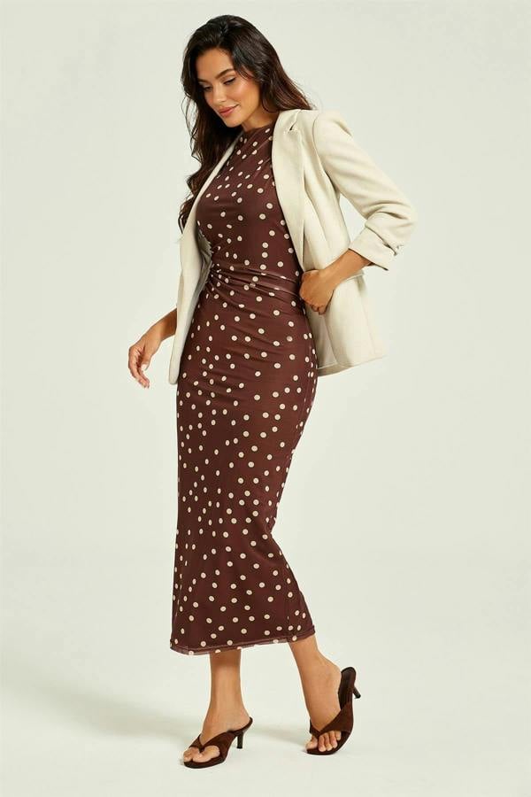 FS Collection Polka Dot Print Mesh Midi Dress In Brown