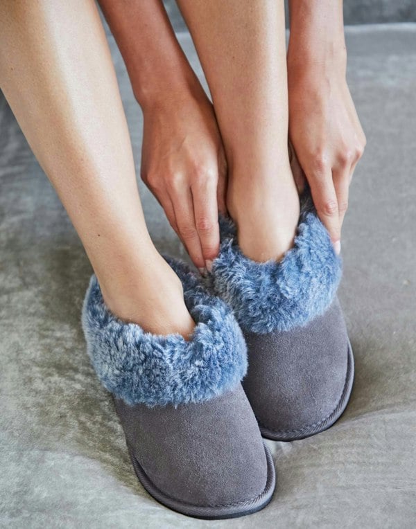 British Boxers Women's Heather Sheepskin and Suede Slipper Boots – Denim